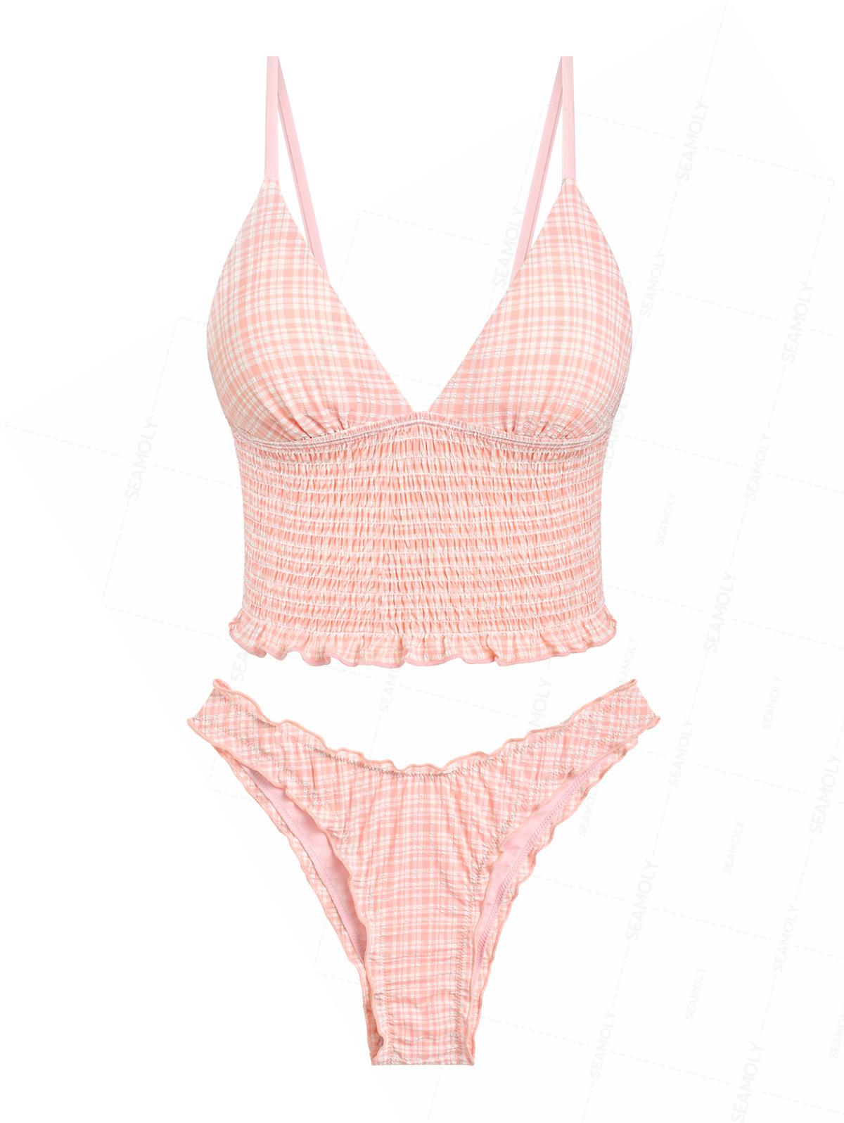 Seamolly Gingham Smocked Ruffles Plunging Neck Tankini Set