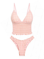 Seamolly Gingham Smocked Ruffles Plunging Neck Tankini Set