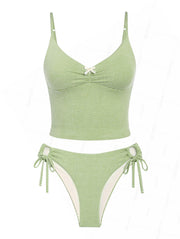Seamolly Green Plaid Ruched Bowknot Decor Plunging Neck Cinched Tie Side Tankini Set