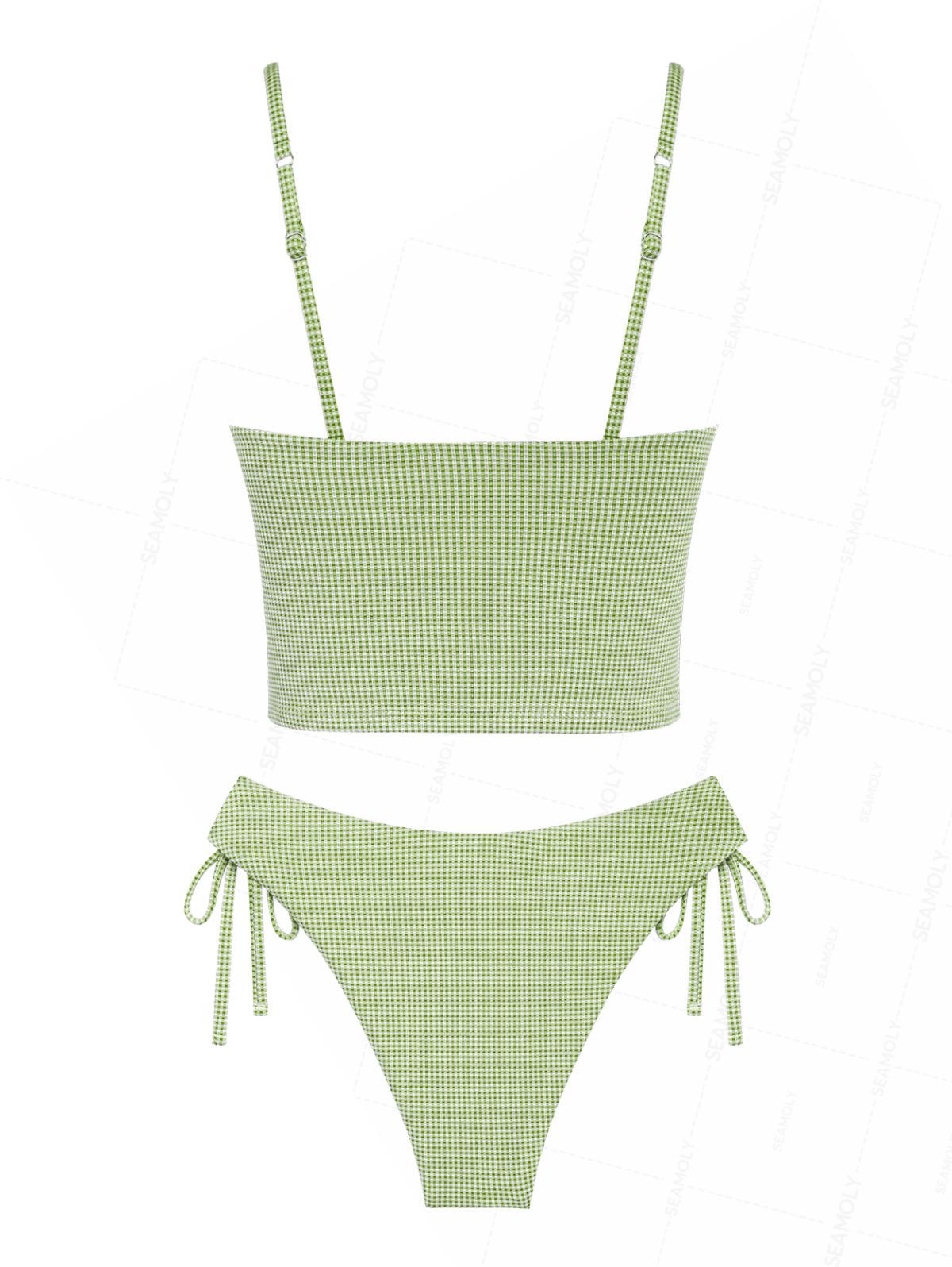 Seamolly Green Plaid Ruched Bowknot Decor Plunging Neck Cinched Tie Side Tankini Set