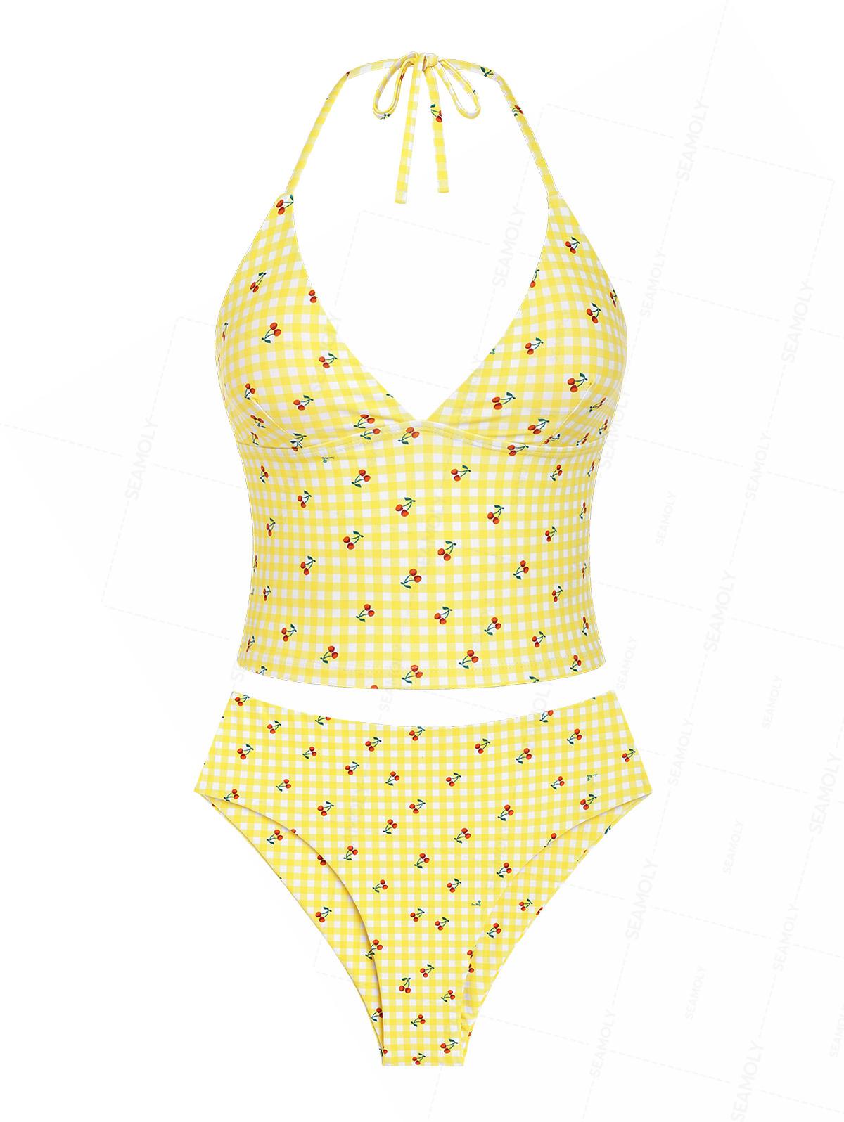 Seamolly Gingham Cherry Plunging Neck Halter Tied Full Coverage Tankini Set