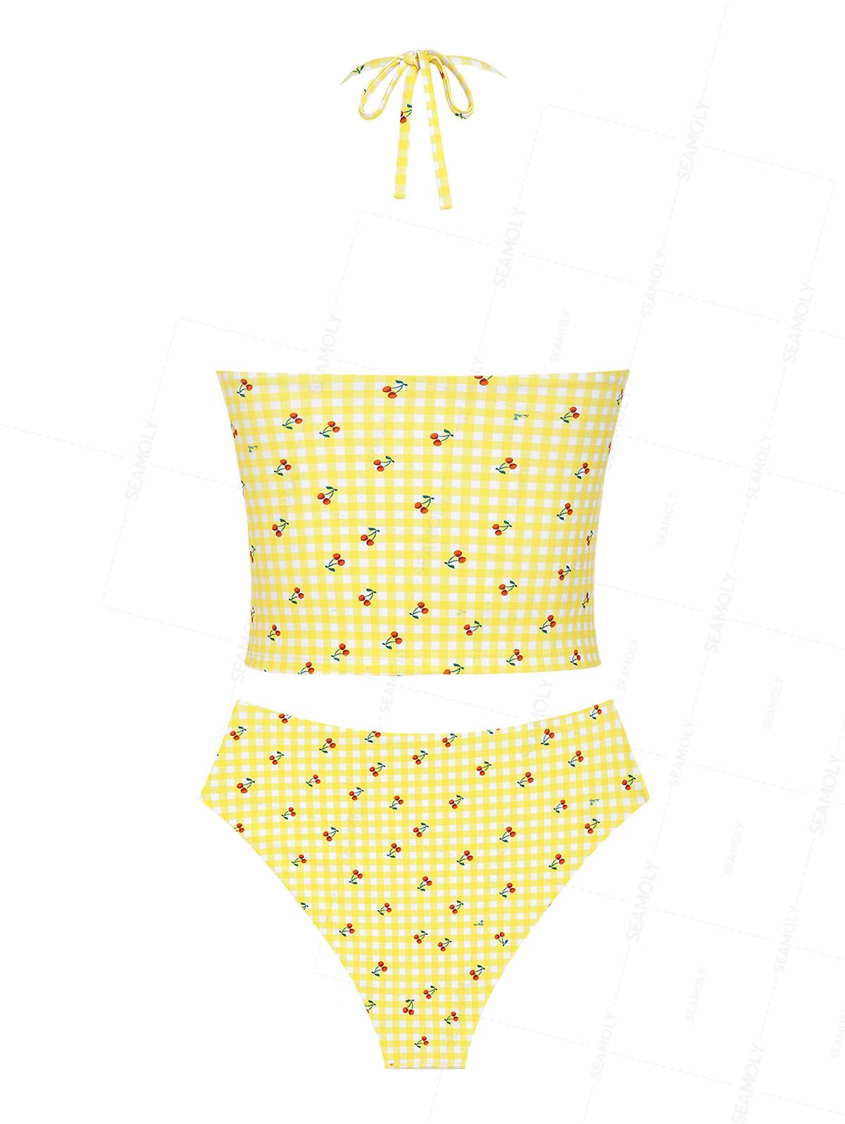 Seamolly Gingham Cherry Plunging Neck Halter Tied Full Coverage Tankini Set