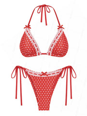 Seamolly Christmas Vintage Polka Dot Lace Bowknot Halter Triangle Tie Side Bikini Set