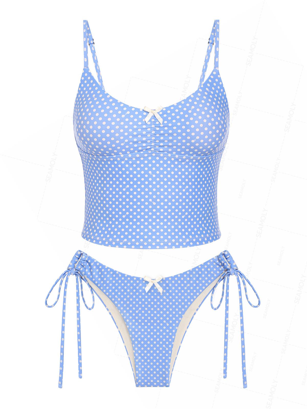 Seamolly Polka Dot Ruched Bowknot Cinched Tie Side Tankini Set