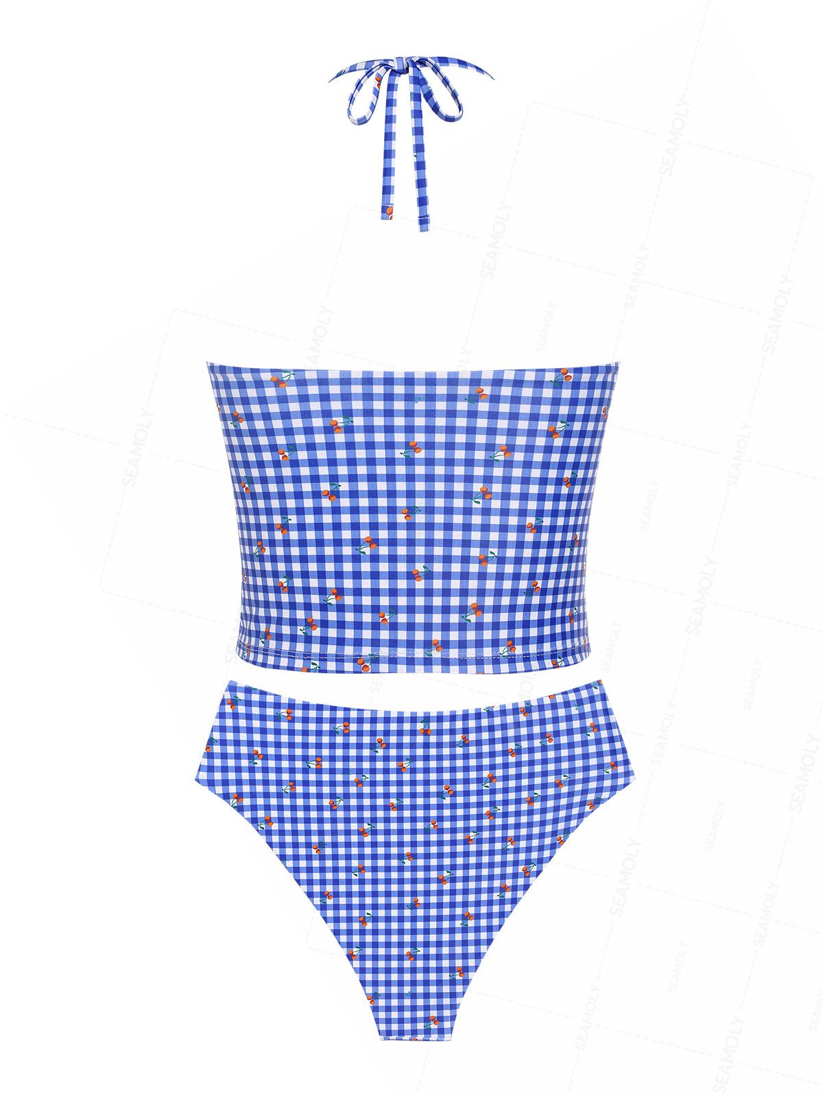 Seamolly Gingham Cherry Plunging Neck Halter Tied Full Coverage Tankini Set