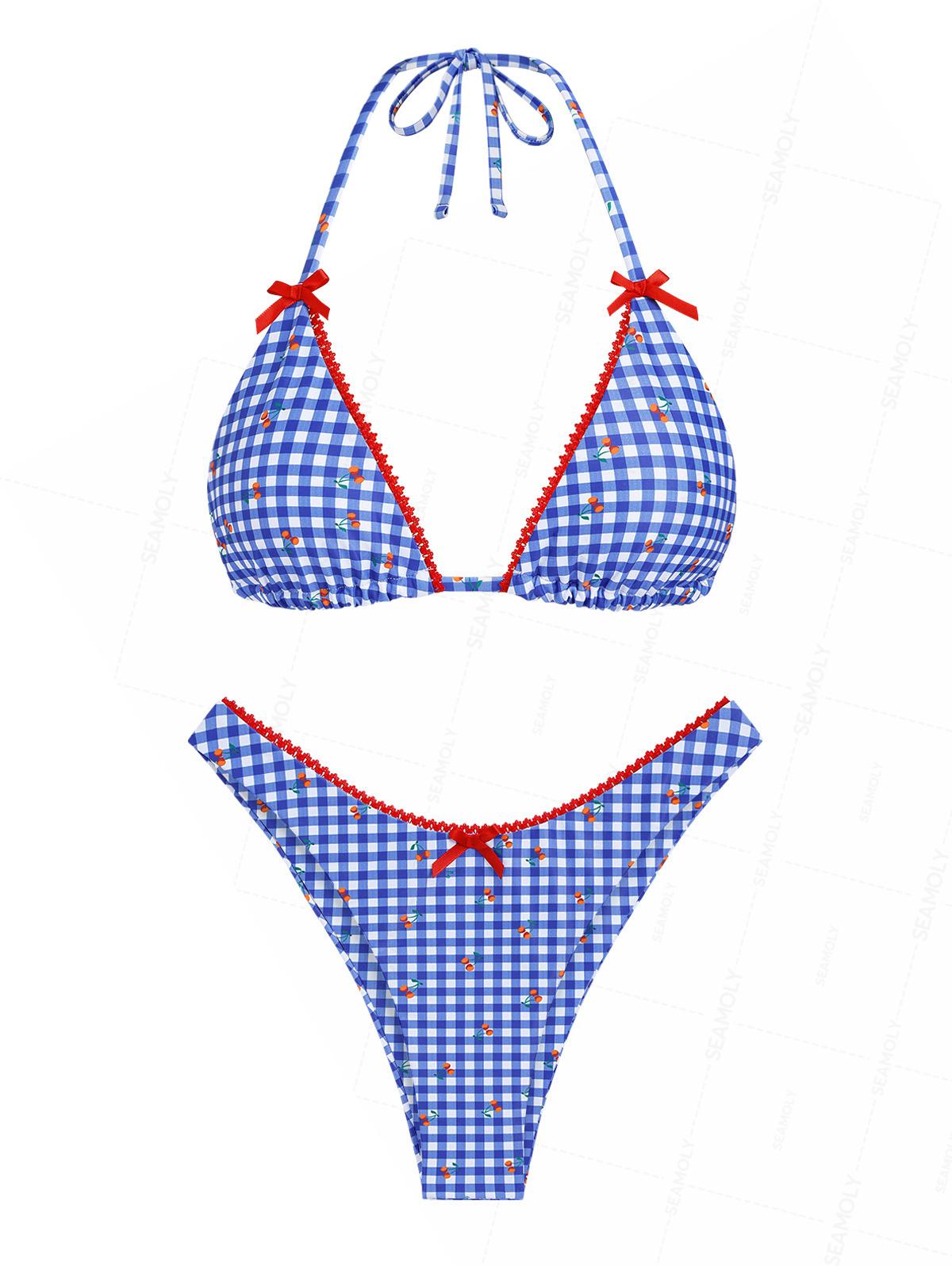 Seamolly Gingham Cherry Lace Bowknot Halter Triangle Cheeky Bikini Set