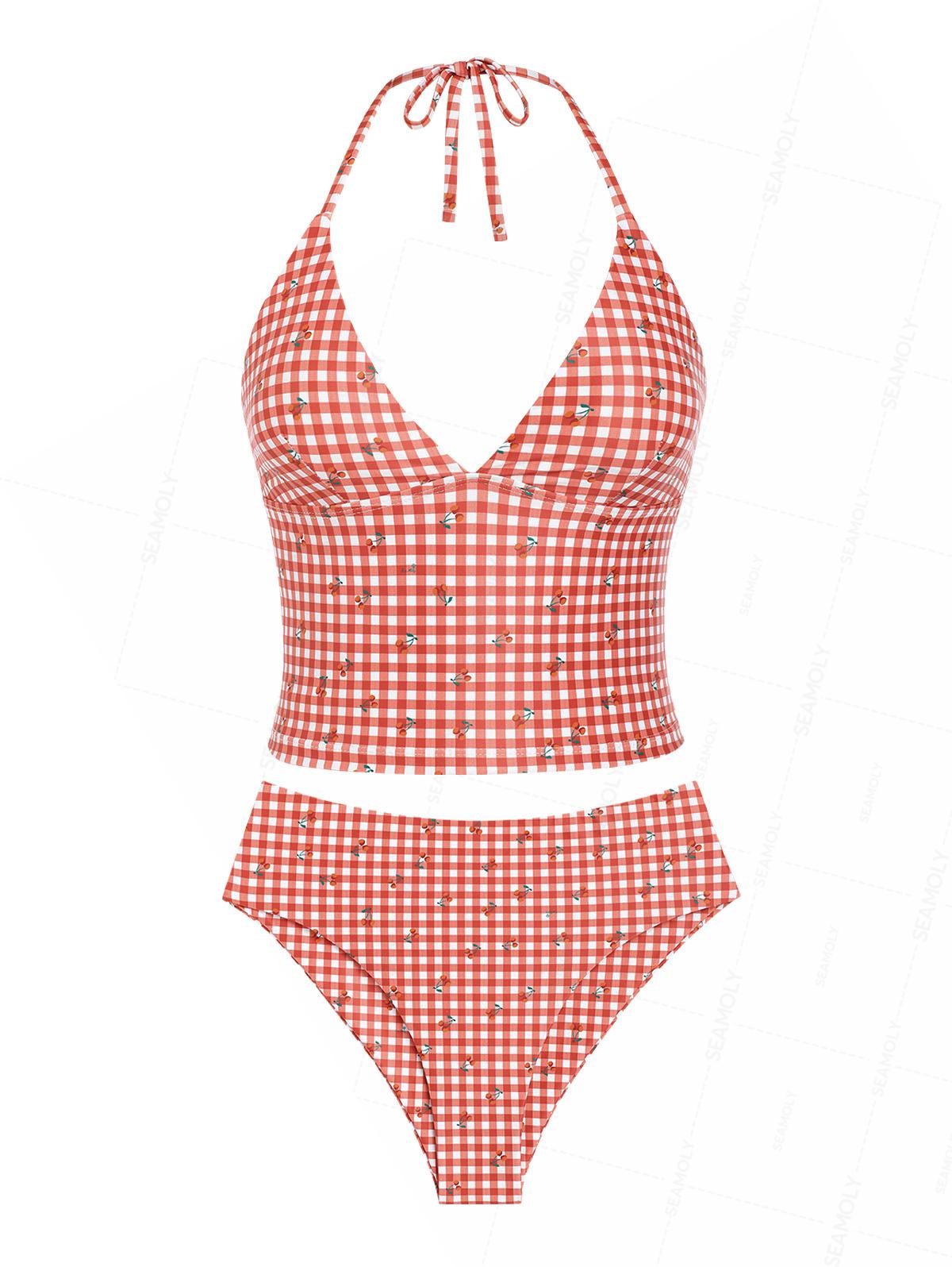 Seamolly Gingham Cherry Plunging Neck Halter Tied Full Coverage Tankini Set
