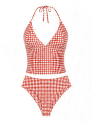 Seamolly Gingham Cherry Plunging Neck Halter Tied Full Coverage Tankini Set