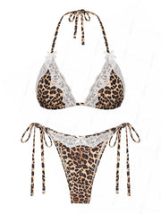 Seamolly Leopard Lace Bowknot Halter Triangle Tie Side Bikini Set