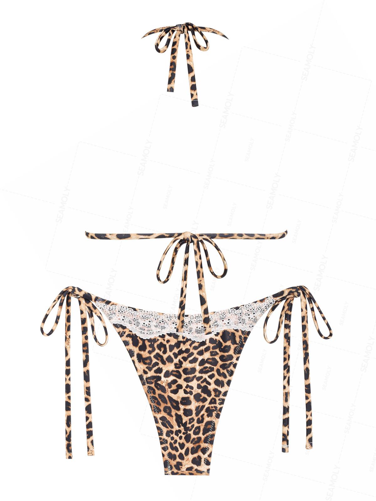 Seamolly Leopard Lace Bowknot Halter Triangle Tie Side Bikini Set