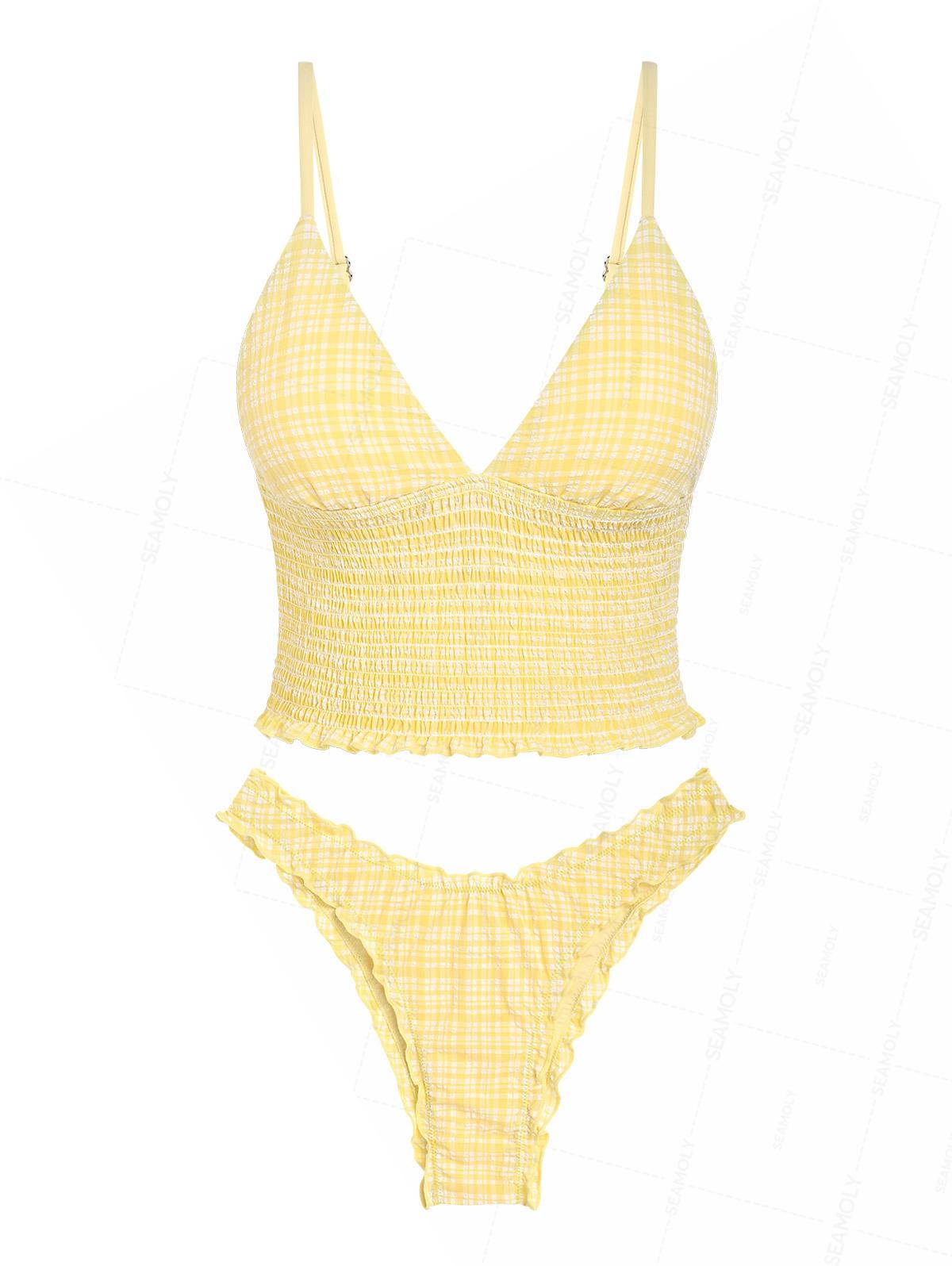 Seamolly Plaid Textured Smocked Ruffles Plunging Neck Tankini Set