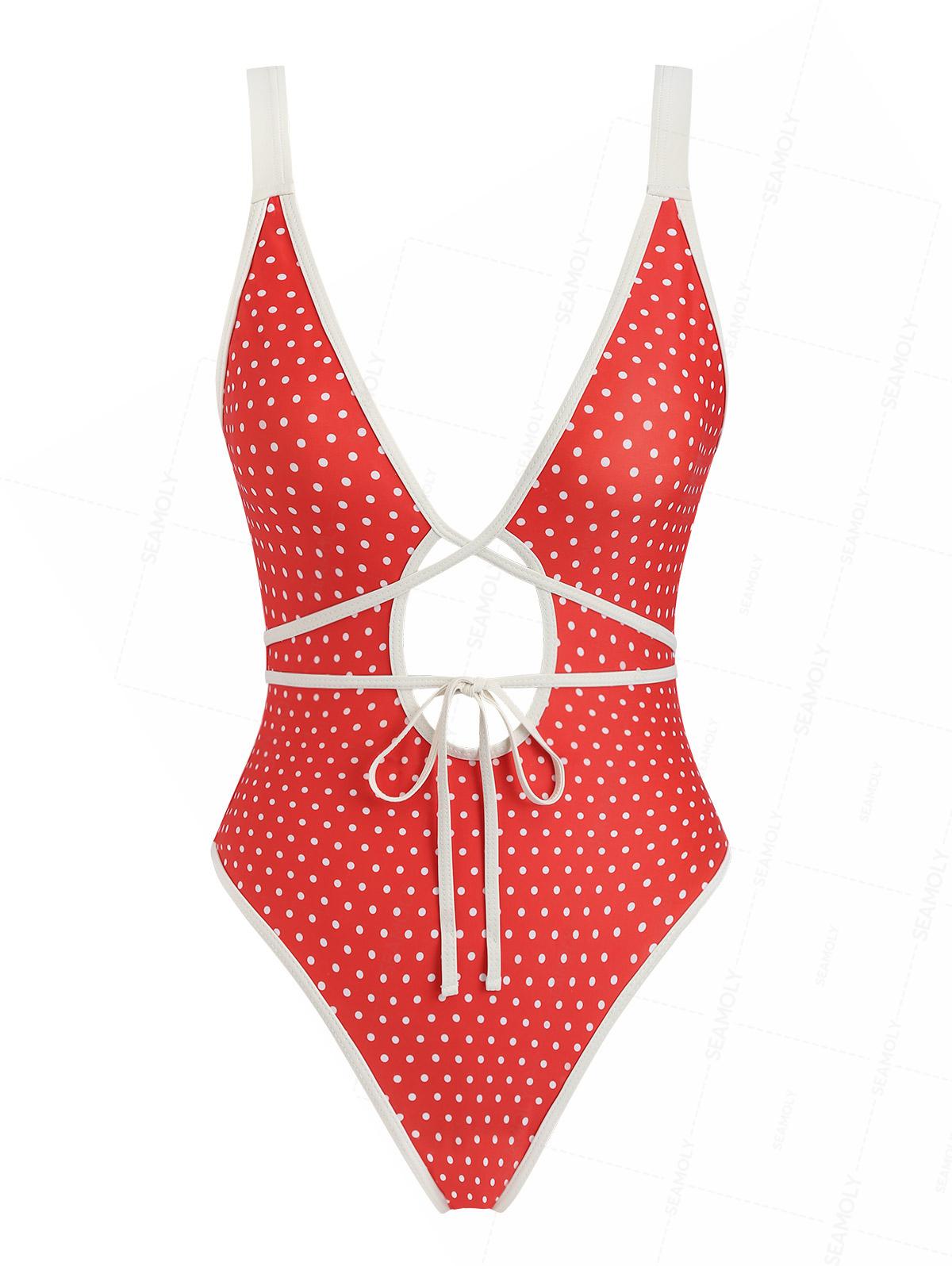 Seamolly Vintage Polka Dot Tie Around Criss Cross Plunging Neck One-piece Swimsuit