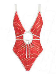 Seamolly Vintage Polka Dot Tie Around Criss Cross Plunging Neck One-piece Swimsuit