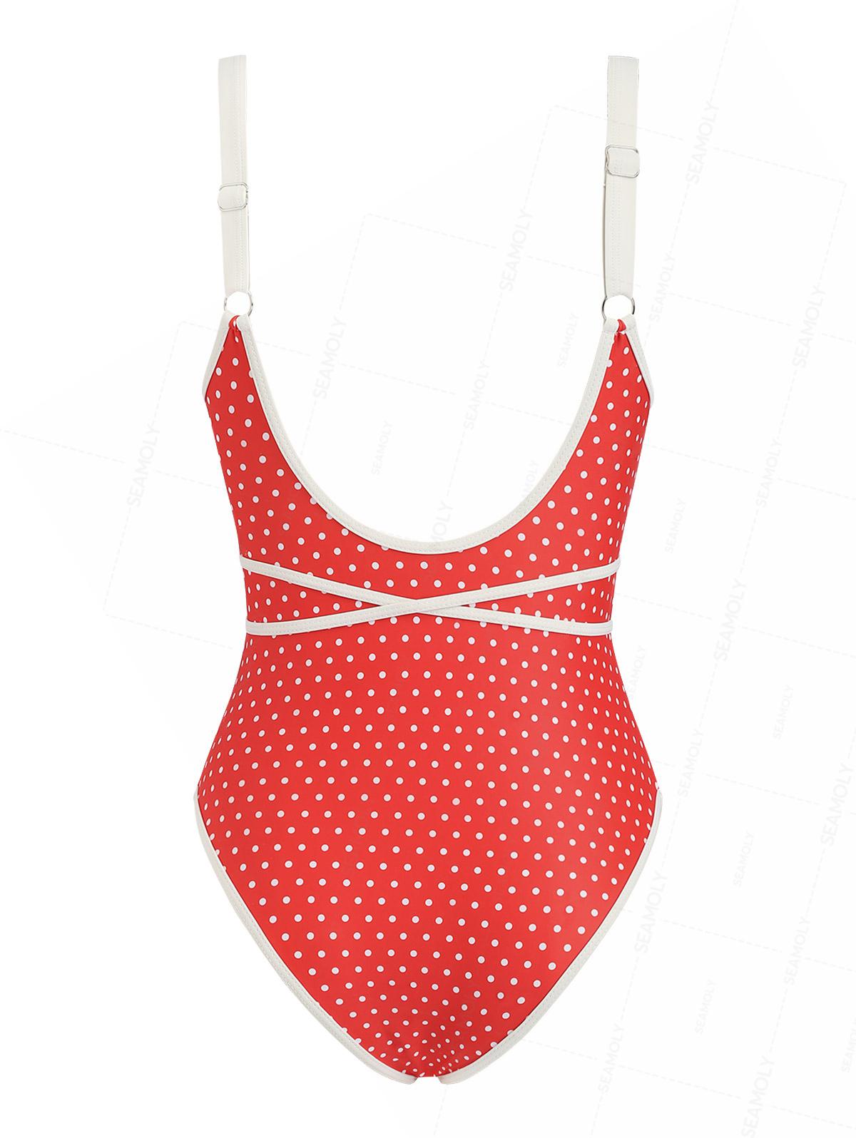 Seamolly Vintage Polka Dot Tie Around Criss Cross Plunging Neck One-piece Swimsuit