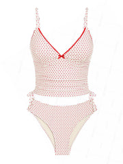 Seamolly Polka Dot Lace Bowknot Cinched Side Full Coverage Tankini Set