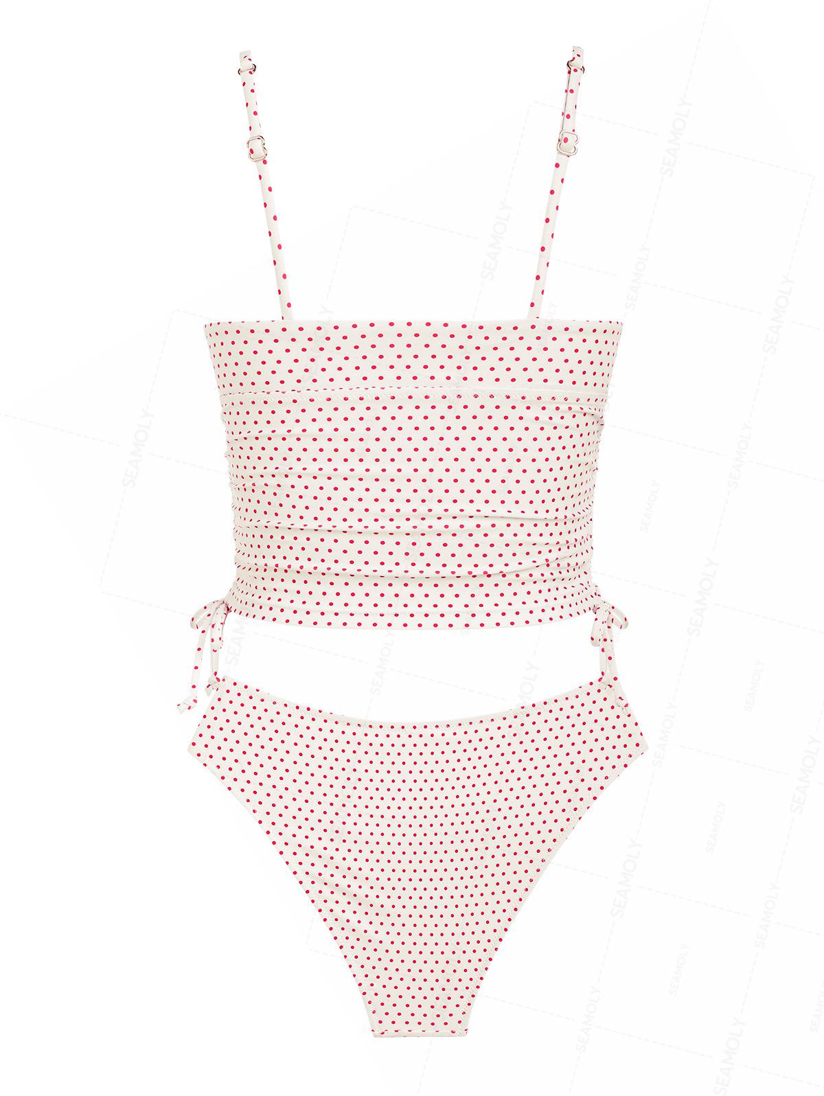 Seamolly Polka Dot Lace Bowknot Cinched Side Full Coverage Tankini Set