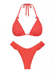 Seamolly Christmas Vintage Polka Dot Lace Bowknot Halter Triangle Bikini Set