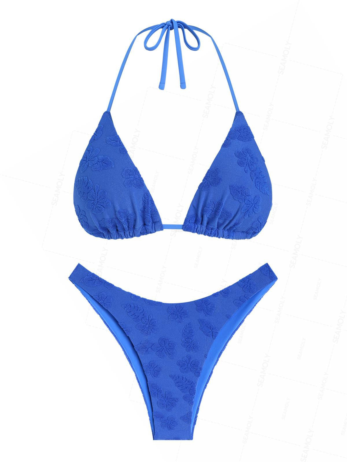 Seamolly Terry Cloth Toweling Floral Leaf Jacquard Halter Triangle Bikini Set