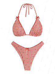 Seamolly Gingham Cherry Print Lace Bowknot  Bikini Set