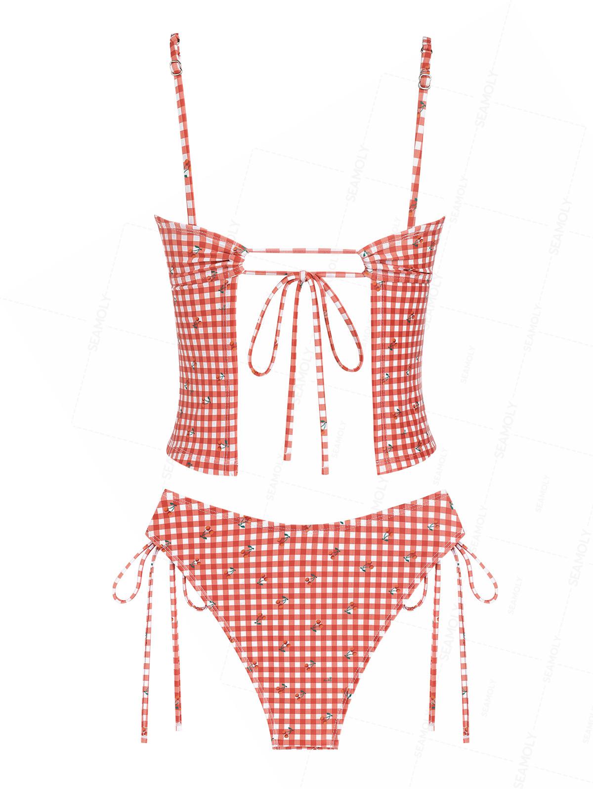 Seamolly Gingham Cherry Print Bowknot Cinched Tied Tankini Set
