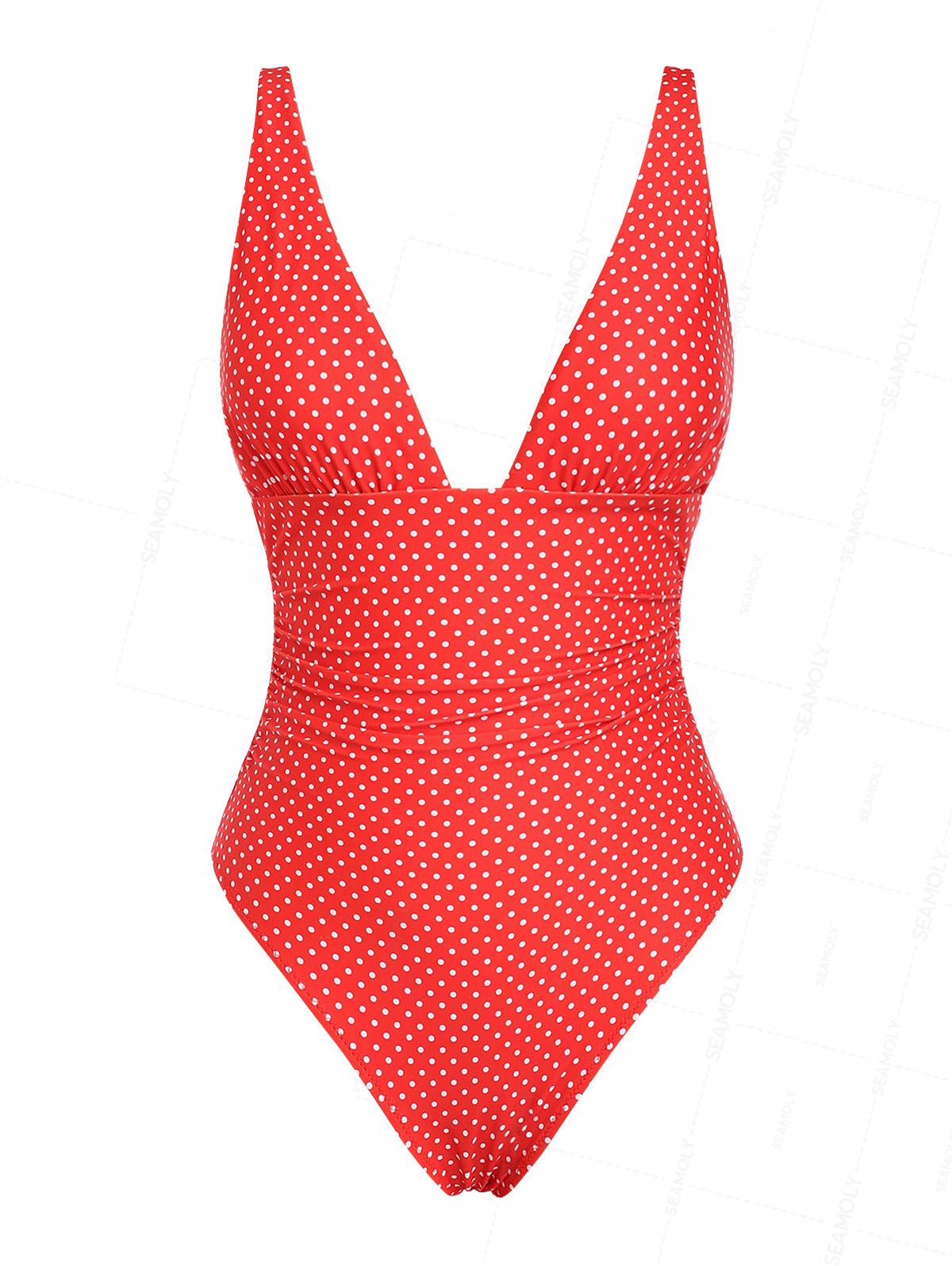 Seamolly Polka Dot Print Plunging Neck One-piece Swimsuit