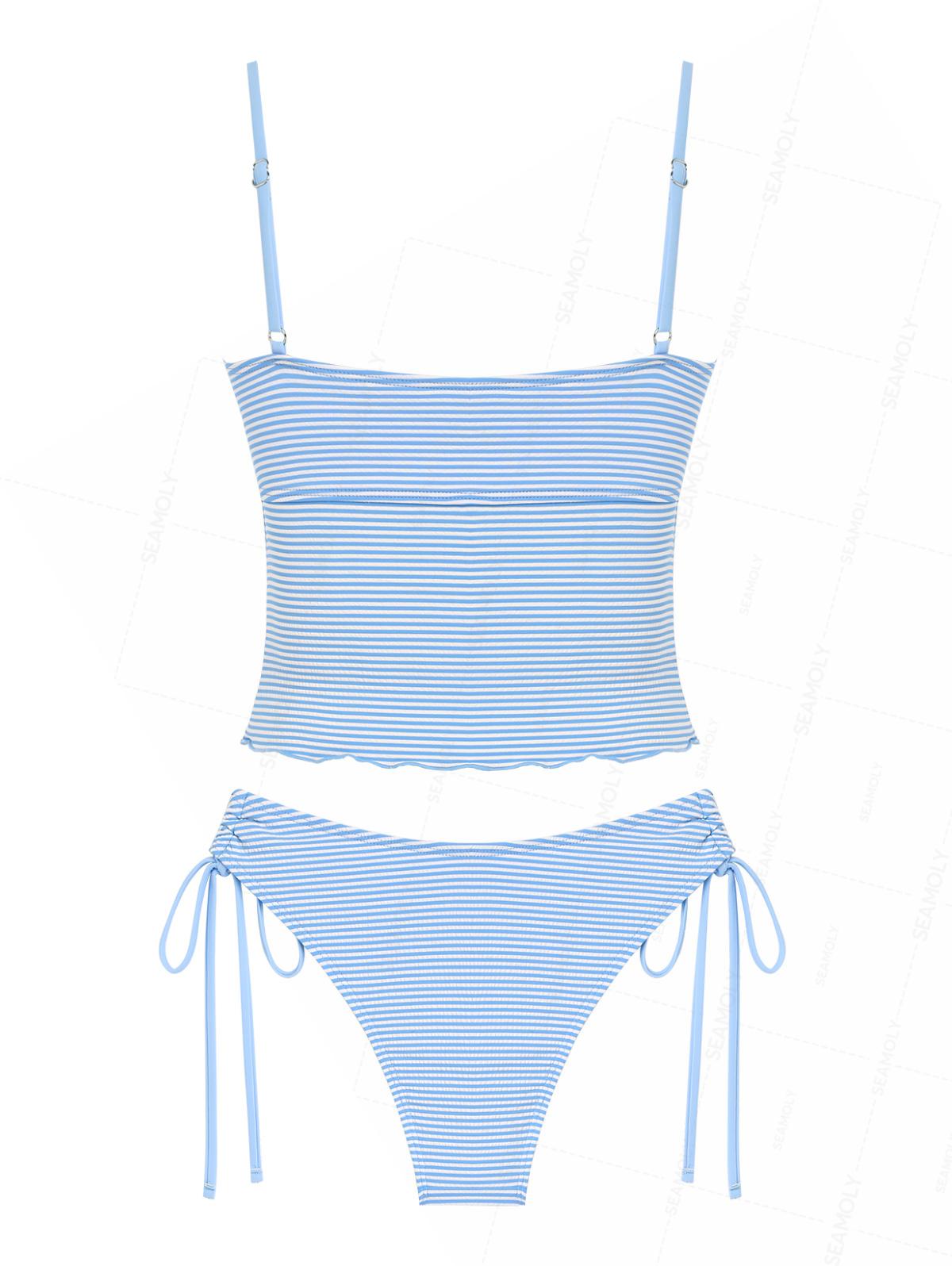 Seamolly Striped Asymmetrical Hem Slit Bowknot Decor Cinched Tie Side Tankini Set