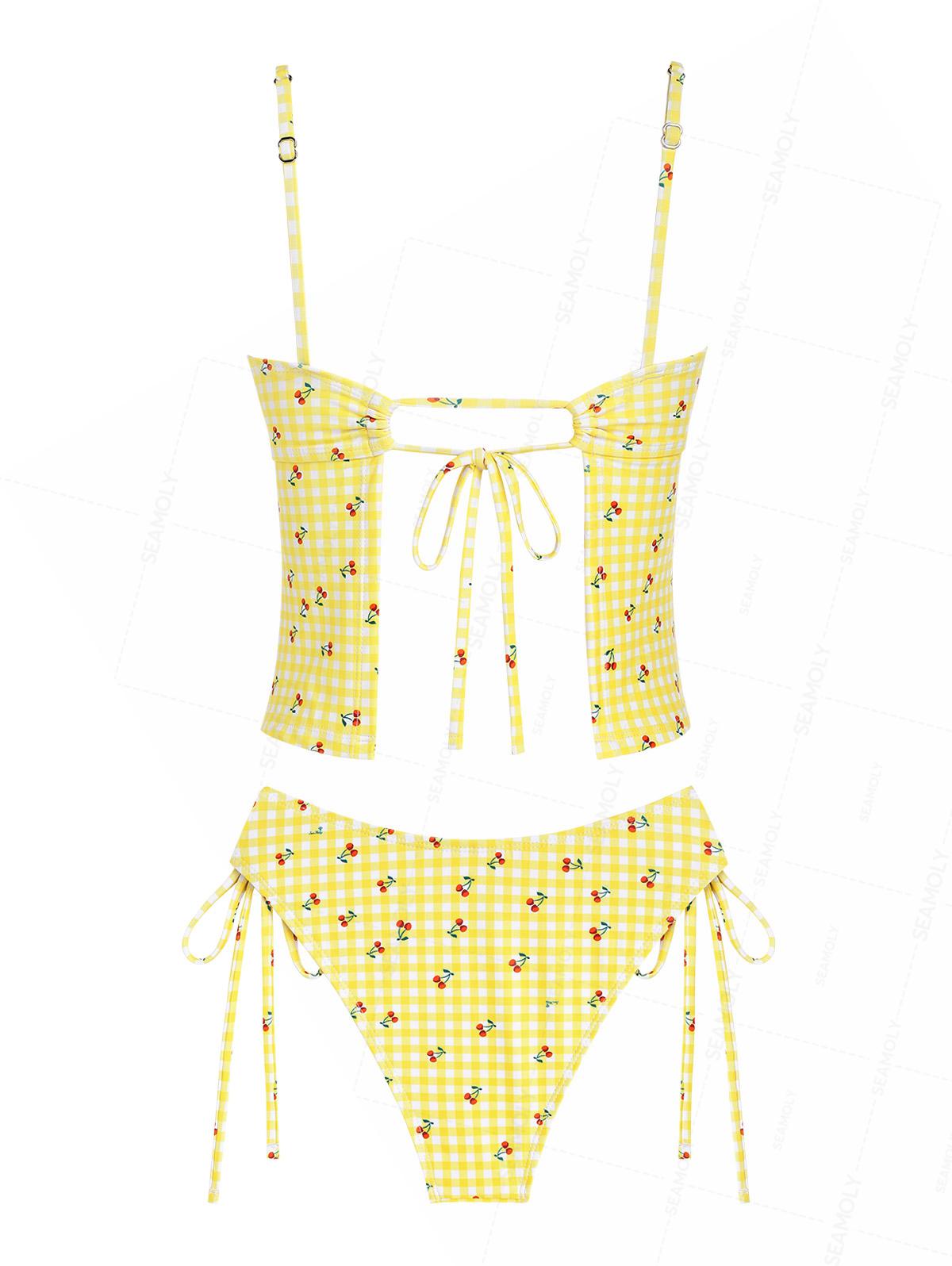 Seamolly Gingham Cherry Print Bowknot Cinched Tied Tankini Set