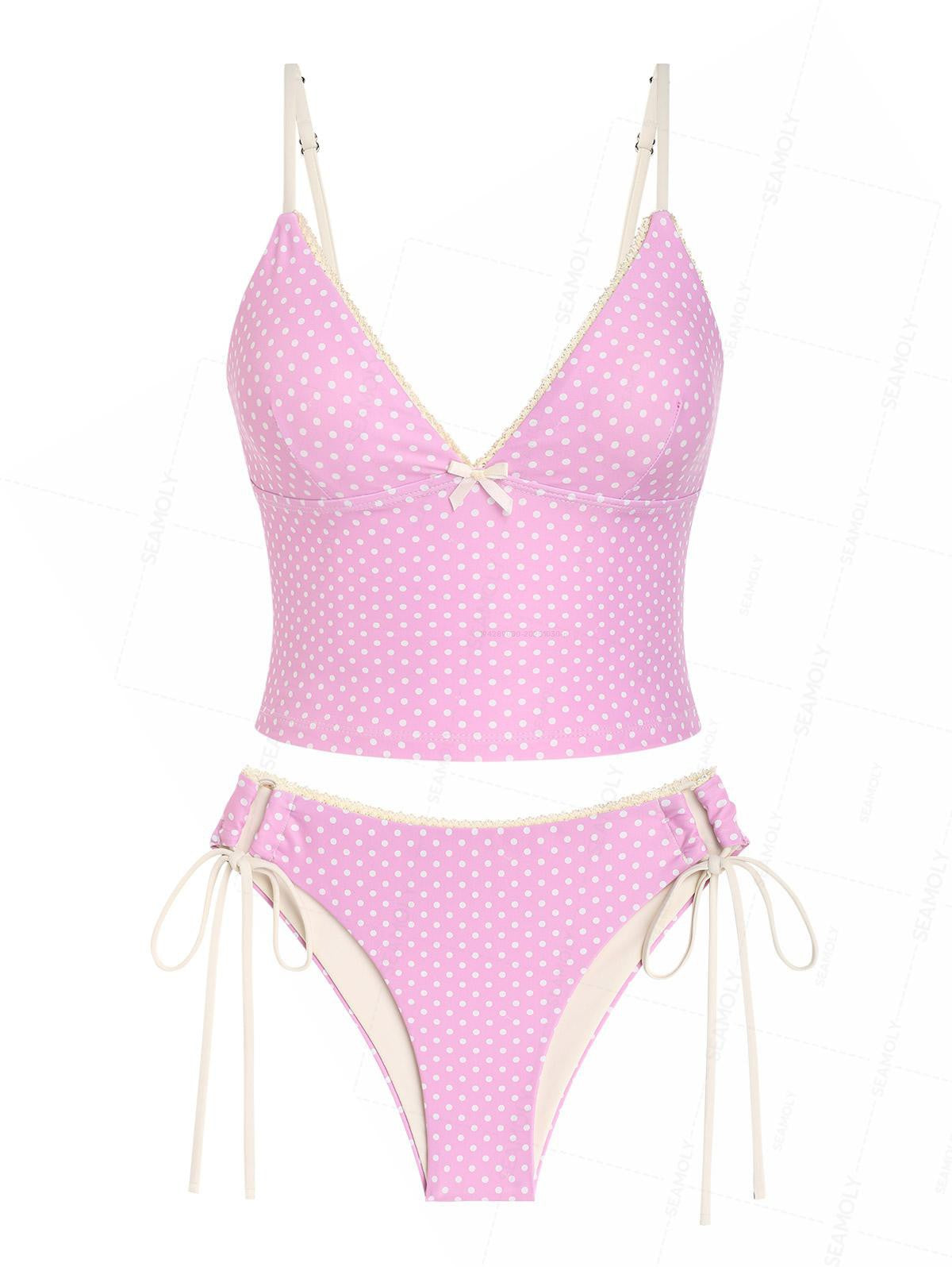 Seamolly Polka Dot Lace Bowknot Cinched Tie Side Tankini Set