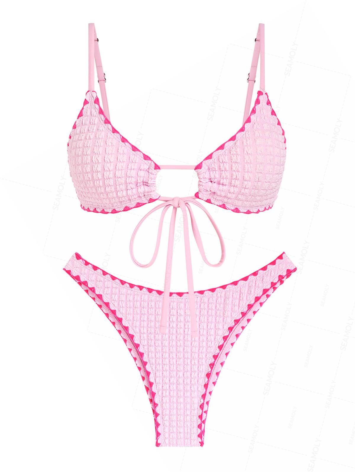 Seamolly Contrast Color Textured Whip Stitching Tied Bikini Set