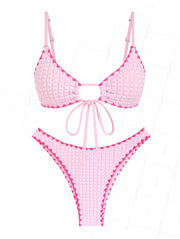 Seamolly Contrast Color Textured Whip Stitching Tied Bikini Set