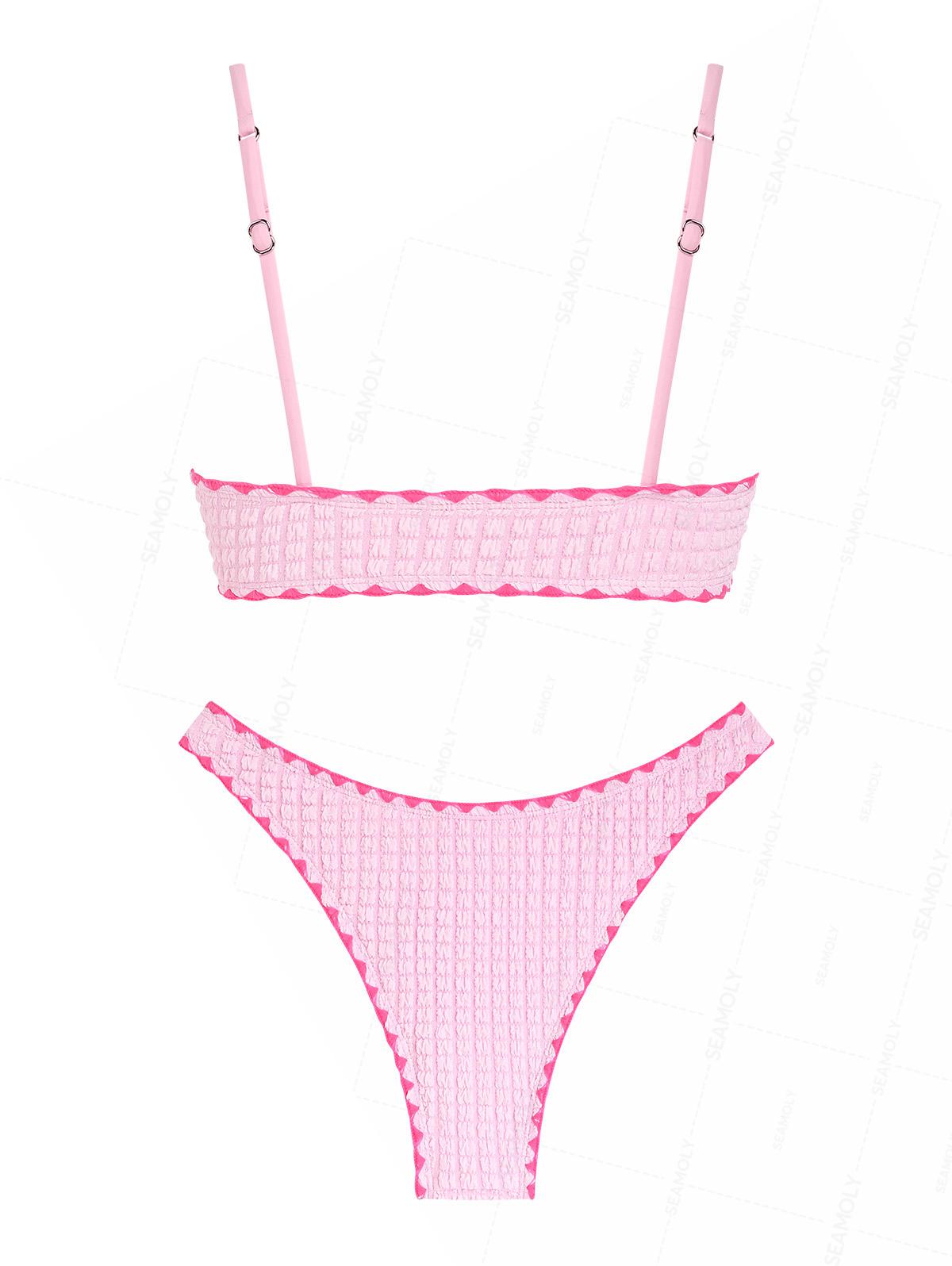 Seamolly Contrast Color Textured Whip Stitching Tied Bikini Set