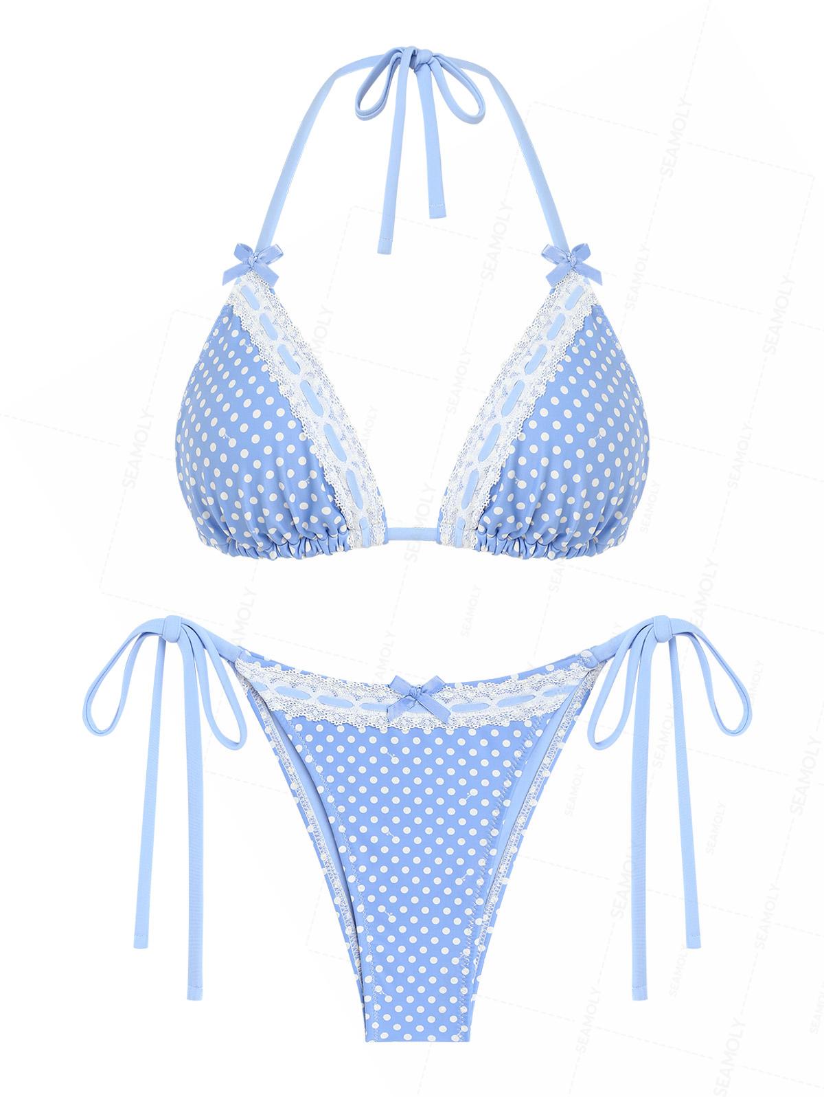 Seamolly Polka Dot Print Lace Bowknot  Bikini Set