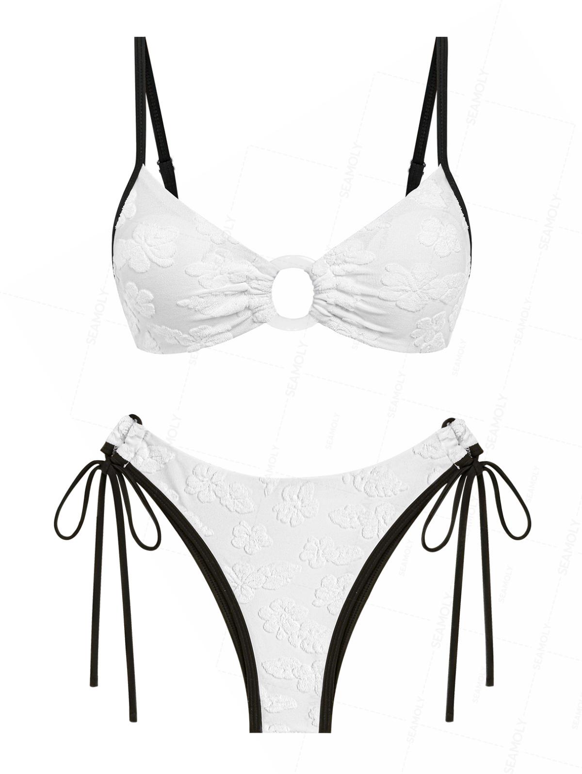 Seamolly Terry Cloth Floral Leaf Jacquard O Ring Bikini Set