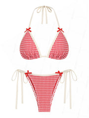 Seamolly Gingham Textured Bowknot Halter Triangle Tie Side Bikini Set