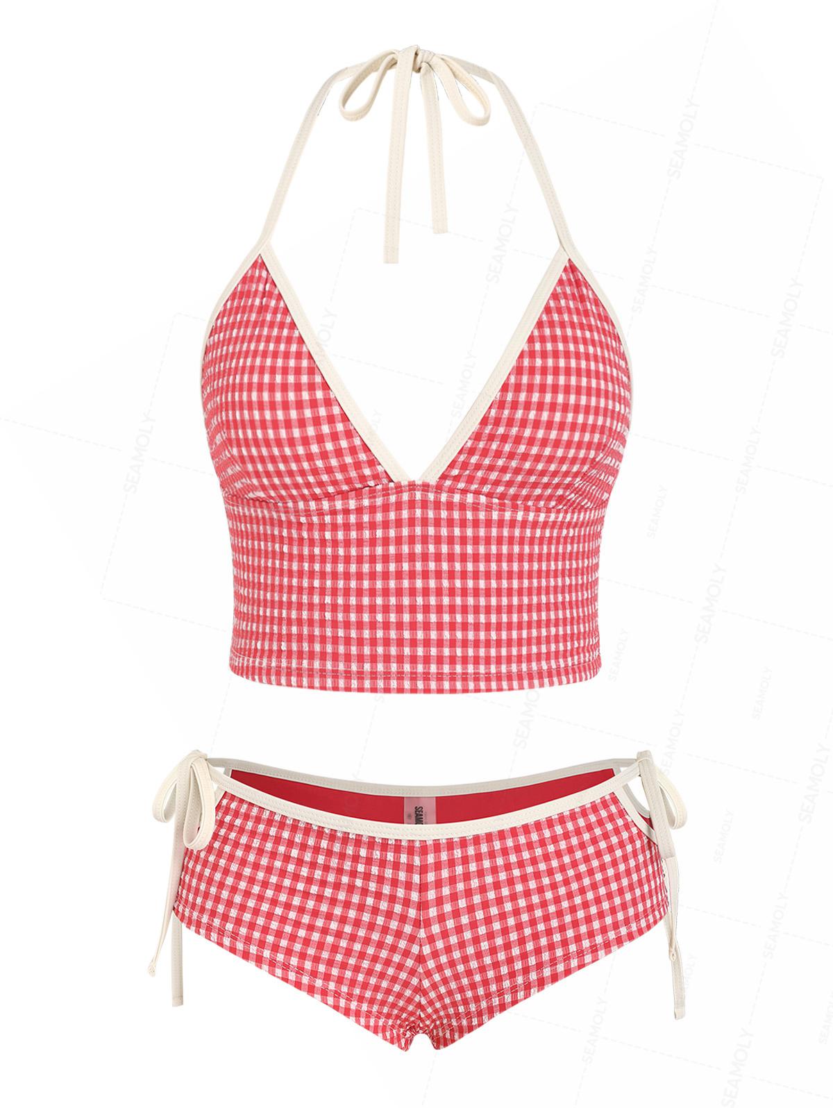 Seamolly Gingham Textured Halter Tank Top & Tie Side Boy Short Bottom Tankini Set