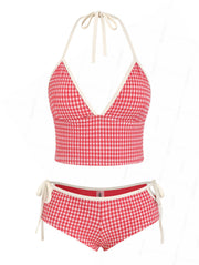 Seamolly Gingham Textured Halter Tank Top & Tie Side Boy Short Bottom Tankini Set