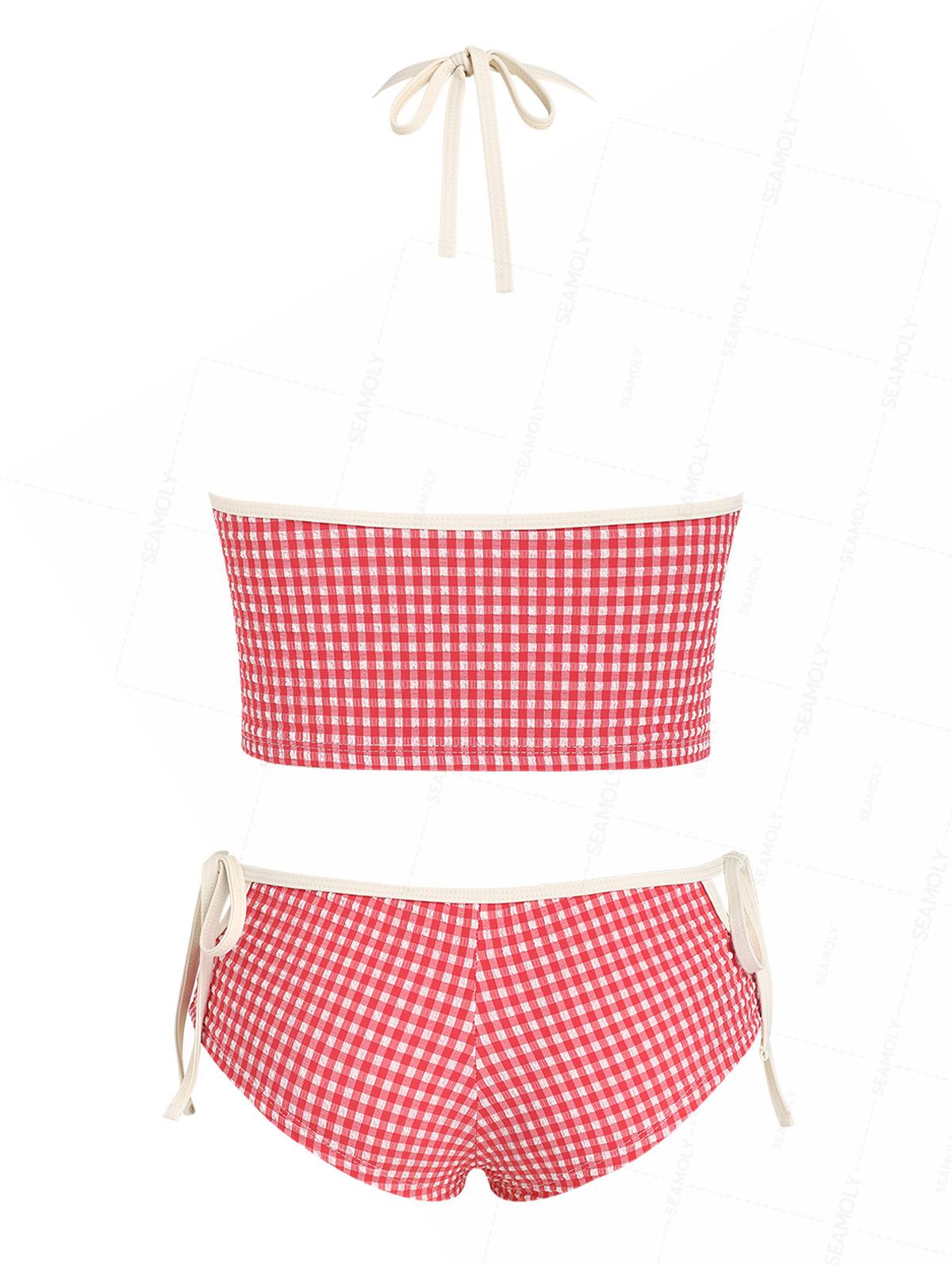 Seamolly Gingham Textured Halter Tank Top & Tie Side Boy Short Bottom Tankini Set