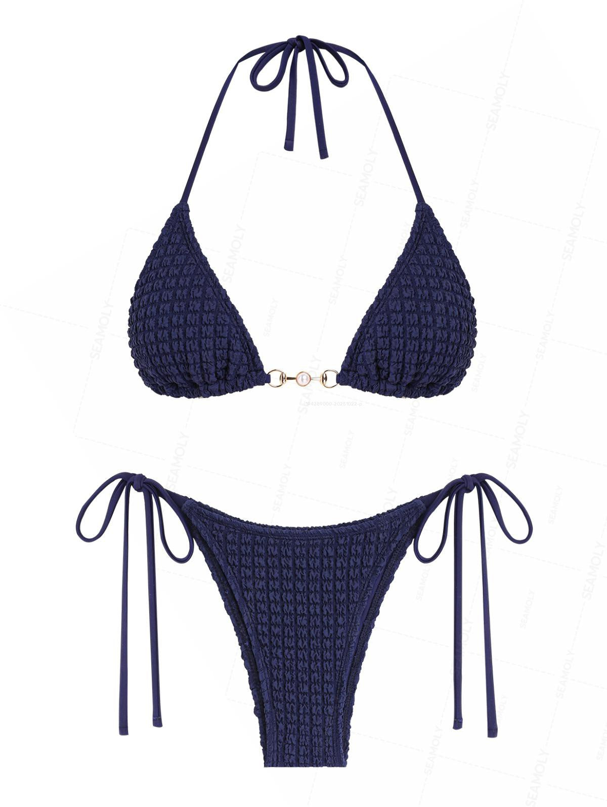 Seamolly Textured Faux Pearl Decor Halter Triangle Tie Side Bikini Set