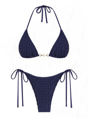 Seamolly Textured Faux Pearl Decor Halter Triangle Tie Side Bikini Set