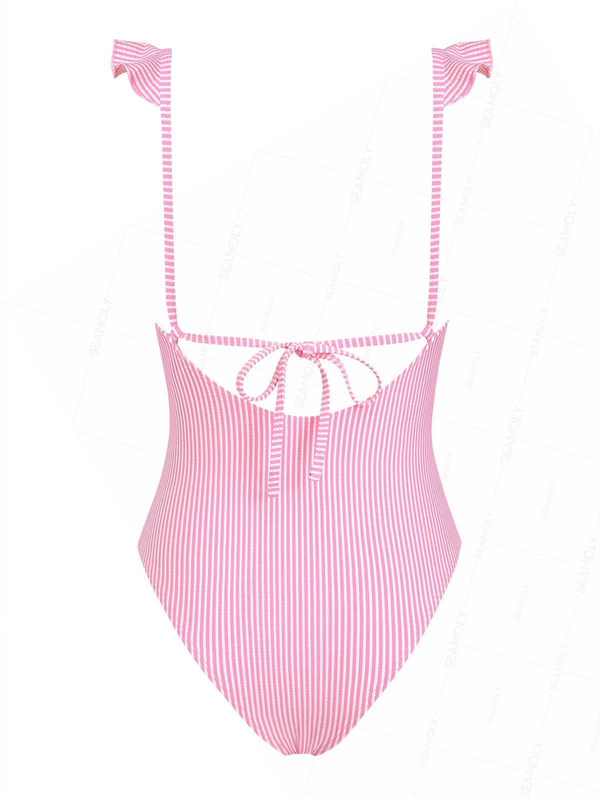 Seamolly Striped Ruffles Trim Tied Plunging Neck One-piece Swimsuit