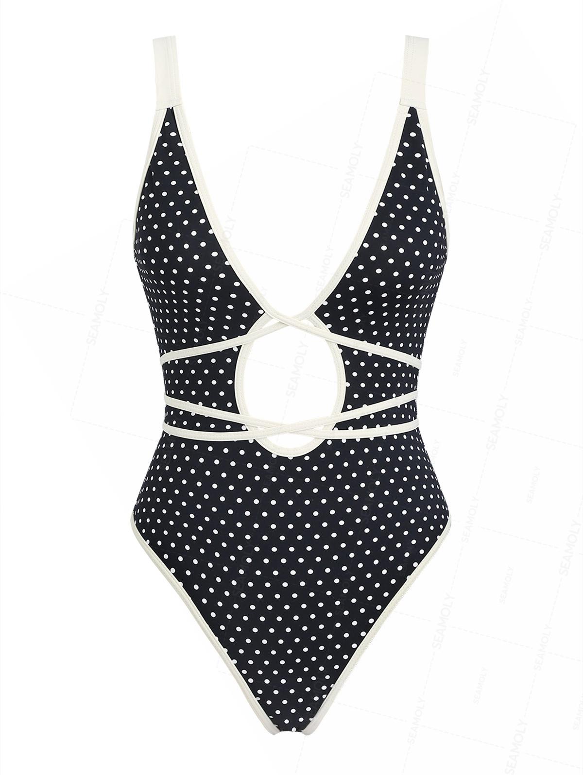 Seamolly Polka Dot Print Tie Around Criss Cross Plunging Neck One-piece Swimsuit
