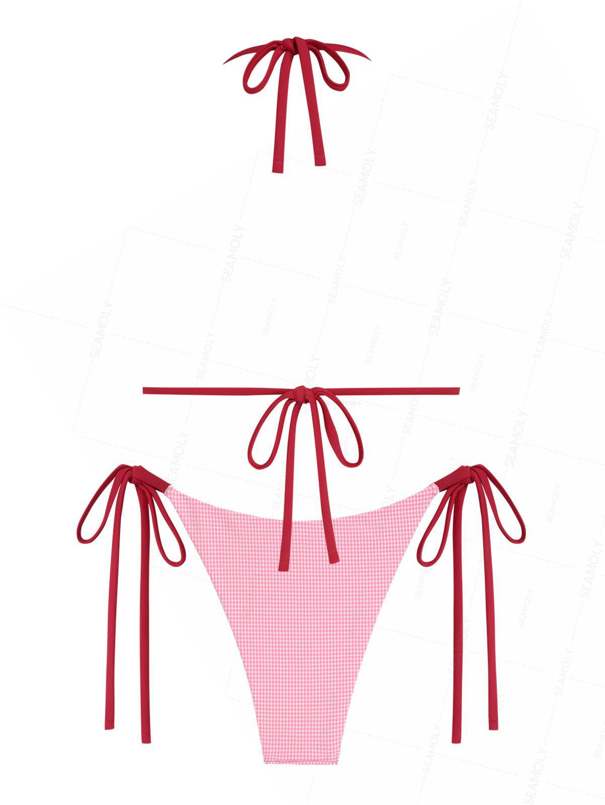 Seamolly Gingham Contrast Bowknot Halter Triangle Tie Side Bikini Set