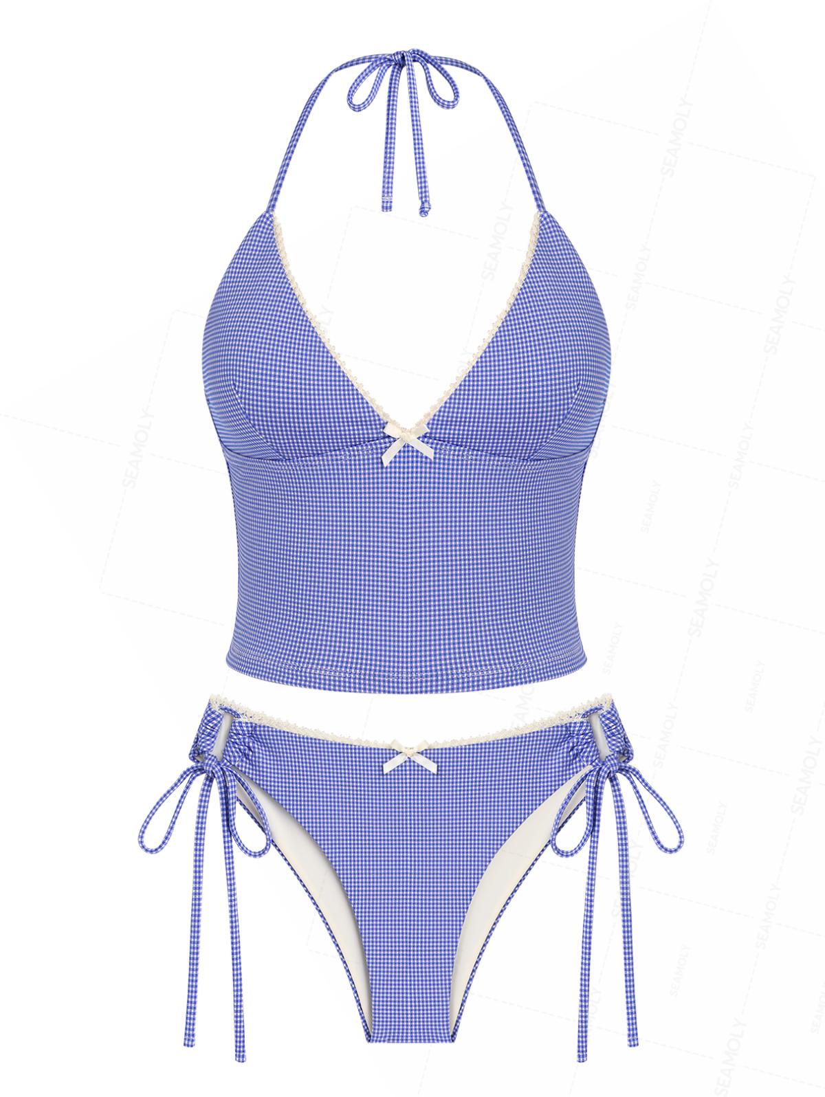 Seamolly Gingham Lace Bowknot Plunging Neck Halter Cinched Tied Side Tankini Set