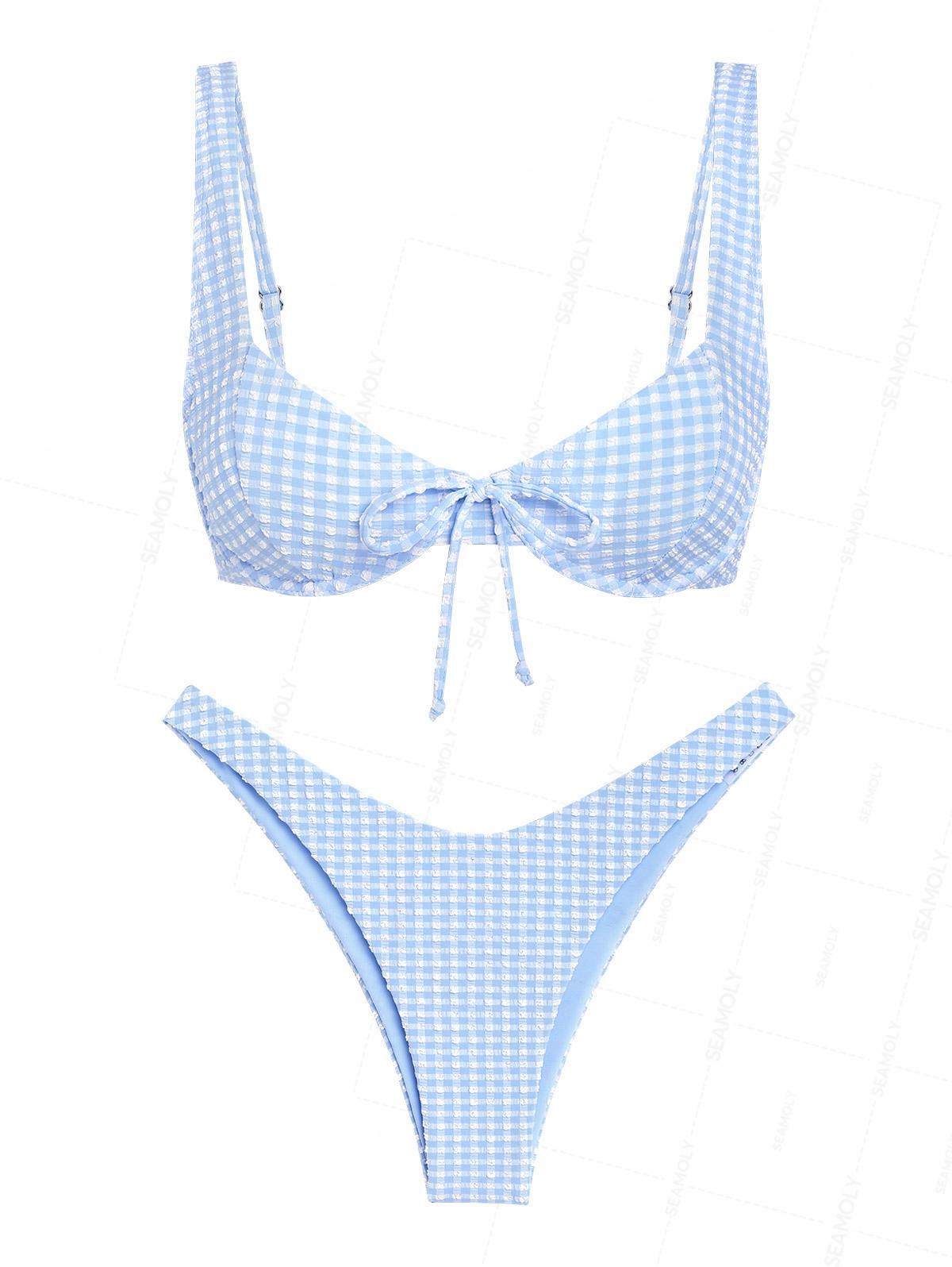 Seamolly Gingham Textured Bowknot Cinched  Underwire Bikini Set
