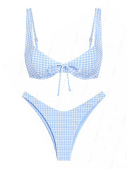 Seamolly Gingham Textured Bowknot Cinched  Underwire Bikini Set