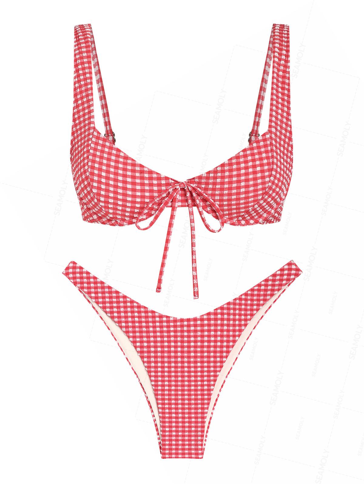 Seamolly Gingham Textured Bowknot Cinched Underwire Bikini Set