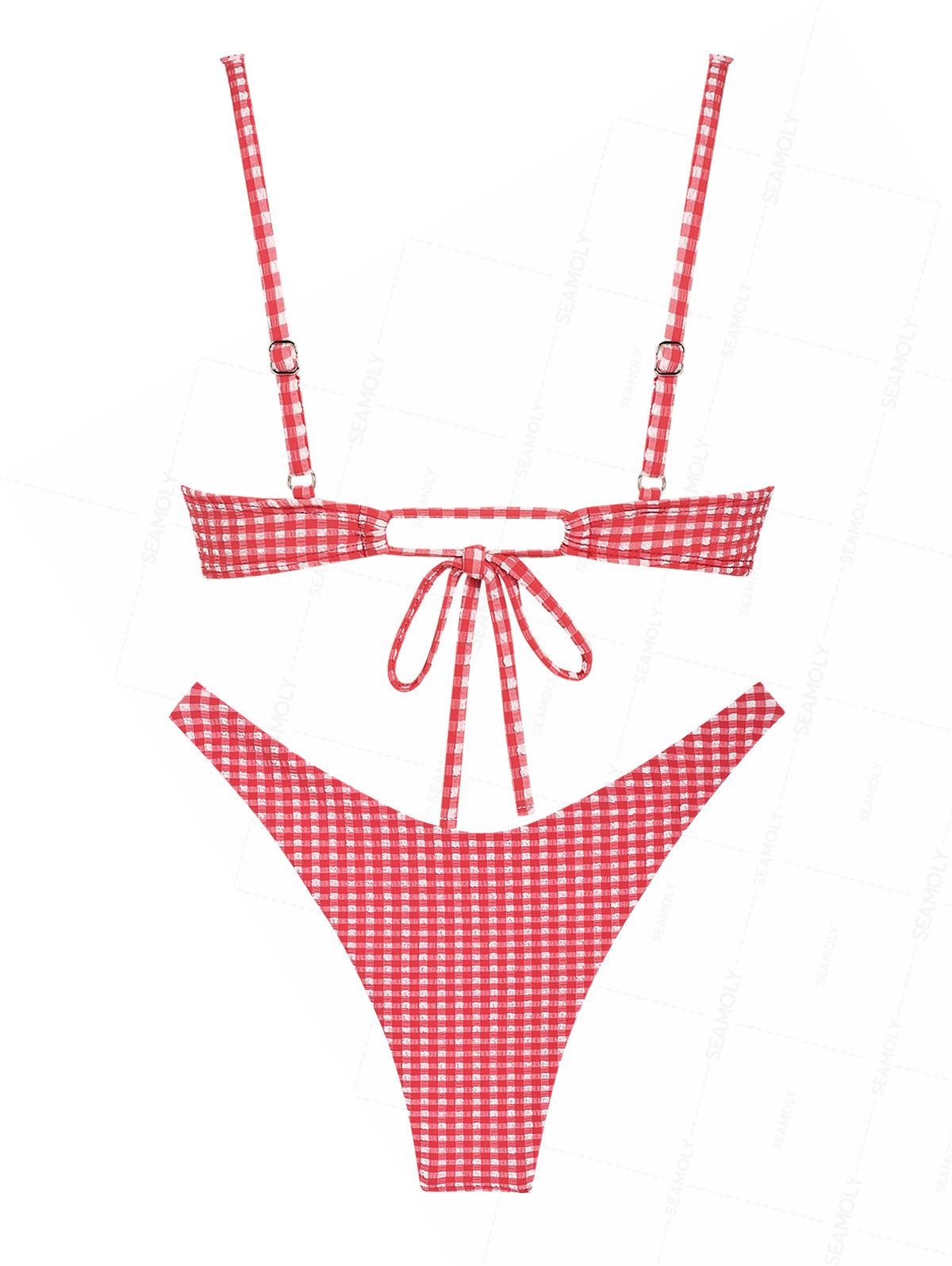 Seamolly Gingham Textured Bowknot Cinched Underwire Bikini Set