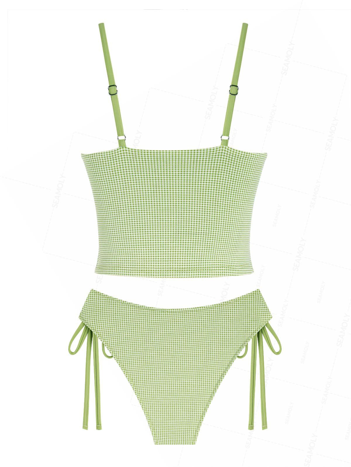 Seamolly Gingham Lace Bowknot Tie Side Tankini Set