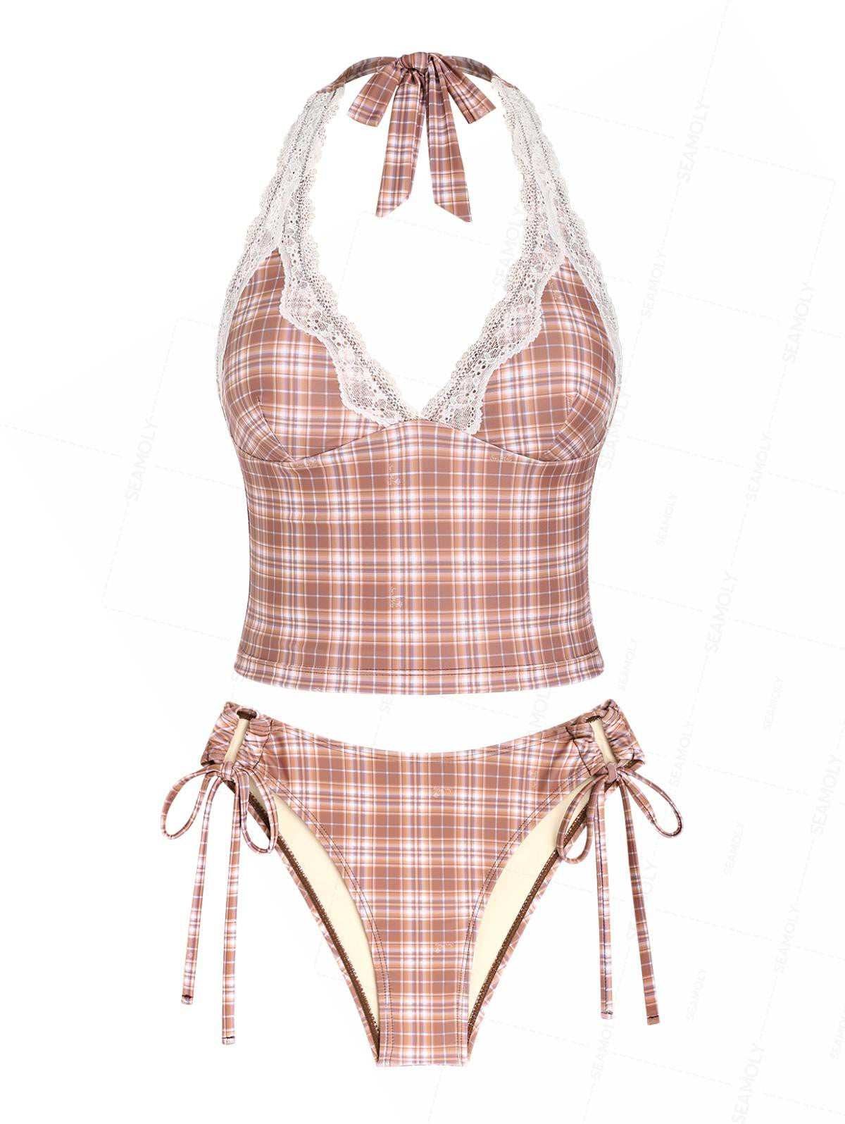 Seamolly Plaid Lace Plunging Neck Halter Tied Side Hipster Tankini Set