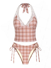 Seamolly Plaid Lace Plunging Neck Halter Tied Side Hipster Tankini Set
